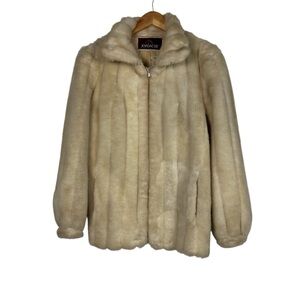 Jordache Women's Faux Fur Coat Full Zip Lined Long Sleeve cream Size M Vintage